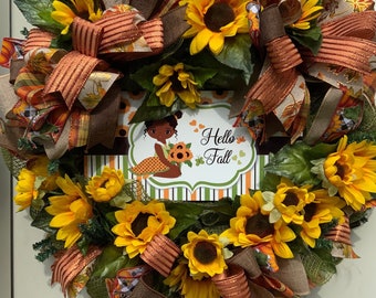 Hello Fall Wreath, Hello Fall Door Hanger, Afican-American Girl Hello Fall Wreath, Aftican American Girl Fall Door Decor, Hello Fall Door