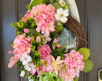 Spring/Summer Pink Hydrangea Grapevine Wreath, Spring/Summer Pink Floral Grapevine Wreath, Mothers Day Grapevine Wreath, Spring Door Wreath