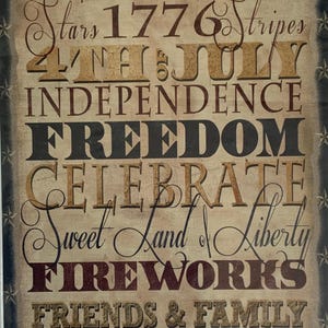 May include: A vintage-style sign with a patriotic theme. It features the text "God Bless America", "Old Glory", "Stars 1776 Stripes", "4th of July", "Independence", "Freedom", "Celebrate", "Sweet Land of Liberty", "Fireworks", "Friends & Family", and "Picnic". The sign is decorated with stars and has a distressed, aged look.