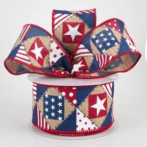 Patriotic Patchwork Light Beige 2.5” Ribbon, 4th of July Farmhouse 2.5” Ribbon, Independence Day Light Beige Patchwork 2.5” Ribbon, July 4th