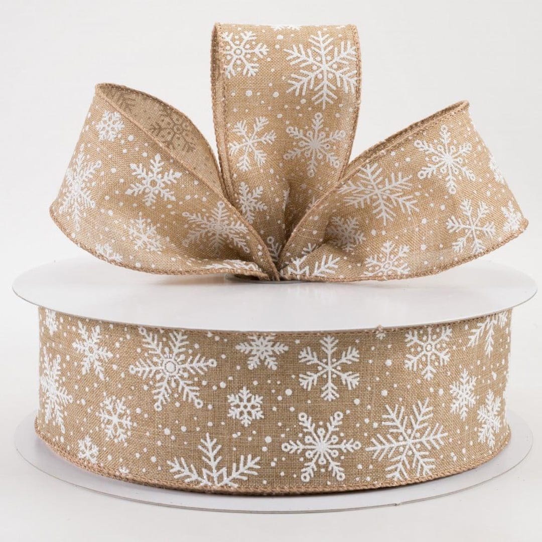 2.5” Linen Glittered Snowflakes Ribbon: Natural (in 10yd Loose Ribbon ...