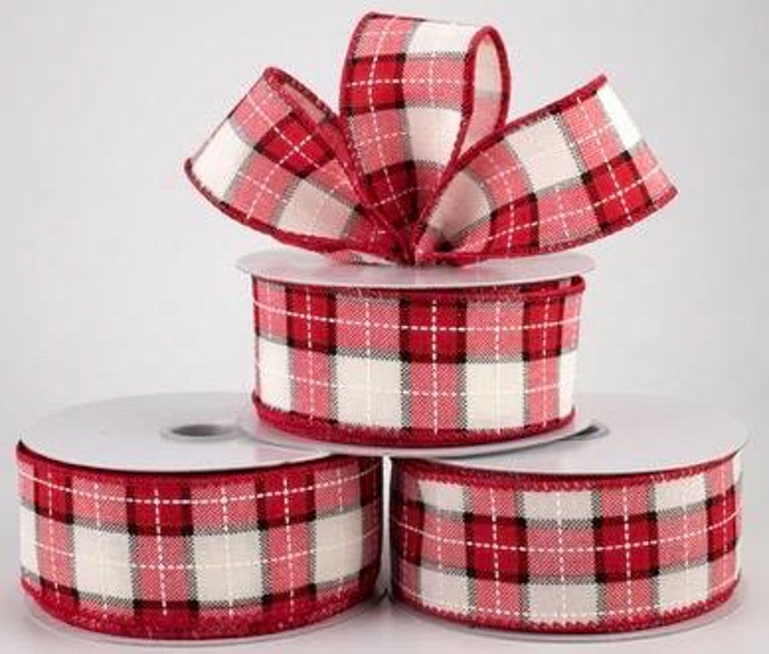 Windowpane Ribbon Red, Ivory and Black 1.5” Windowpane Plaid Ribbon; Patriotic RD IY BK 1 ...