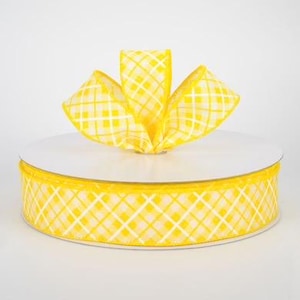 May include: A yellow and white plaid ribbon bow sits atop a roll of matching ribbon. The bow is made of sheer material, and the ribbon roll has a solid yellow edge. The design is a classic gingham pattern.
