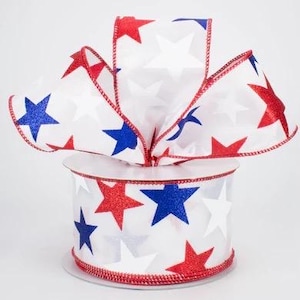 White Patriotic Star 2.5” Ribbon; Red White and Blue Star Ribbon on 2.5” White Satin; Independence Day Patriotic Star Ribbon; July 4 Ribbon