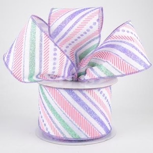 Multi Diagonal Glitter Stripes 2.5” Easter ribbon in Pink White Lavender and Mint with Iridescent Purple stitching on wired edges