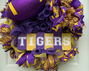 Tiger Football Wreath, SEC Football Wreath, Louisiana Wreath, Purple and Yellow Tiger Football Wreath, Mancave Football Wall Decor, Football