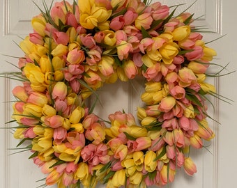 Peach Tulip wreath, The ORIGINAL Tulip wreath, Summer Tulip wreath, Grandparent's Day, Gift for Her, Summer Tulip Door Decor, Candle holder