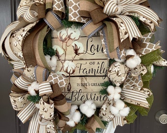 Cotton Boll Wreath  Love of Family Wreath, Cotton Boll Farmhouse Wreath,  Love of Family Cotton Wreath, Southern Wreath, Country Wall Decor