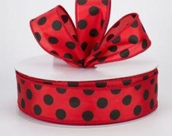 Red Satin 1.5” Ribbon with Black Polka Dots 10 yard from an open 50 yard roll; Ladybug Ribbon; Watermelon Ribbon; Spring and Summer Ribbon