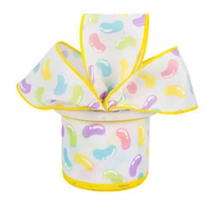 Jelly Bean Ribbon. Multicolored Jelly Bean 2.5 “ White Canvas Ribbon with bright yellow stitching on the wired edge.Easter Jelly Bean RIbbon