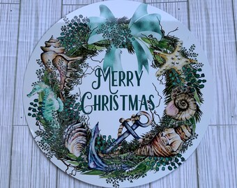 Beach 12” Aqua Merry Christmas wreath attachment/sign; Seashell Merry Christmas 12” sign