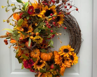 Fall Floral Gourd Grapevine Wreath, Autumn Floral Gourd Grapevine Wreath, Summer Grapevine Wreath, Fall Grapevine Wreath, Fall Wreath