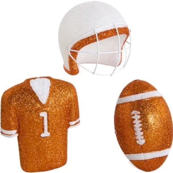 Burnt Orange and White Glitter Football Ornament Assortment set of 3: Helmet, #1 Jersey, Football; Texas Longhorns Football; SEC Football