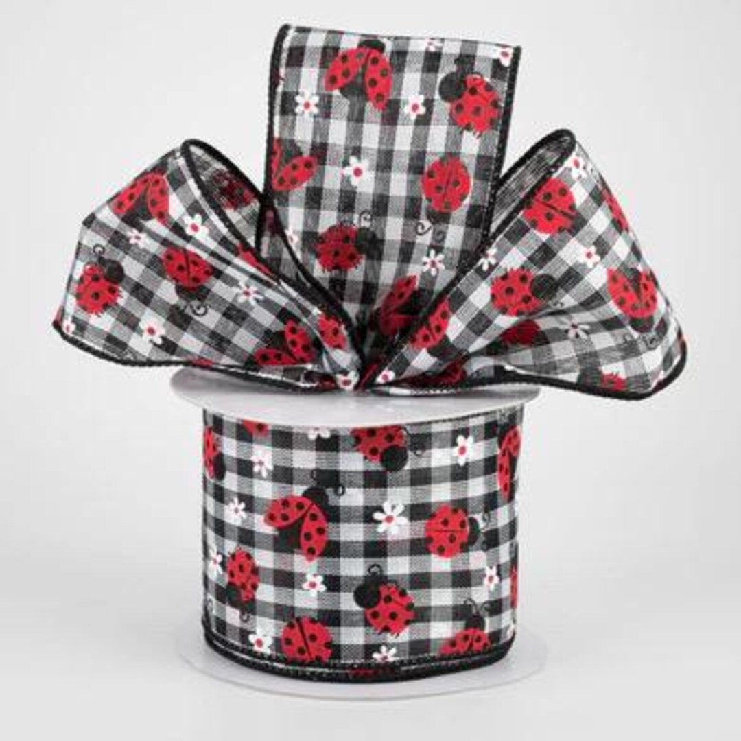 Mini Ladybugs on Black White Check 2.5” Ribbon; Mini Ladybugs on BKWT ...