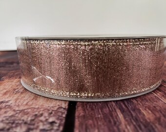 Rose Gold Glitter 1.5” wired misted ribbon; 1.5” Christmas Rose Gold Glitter sheer wired ribbon, 1.5” Holiday Rose Gold misted wired ribbon