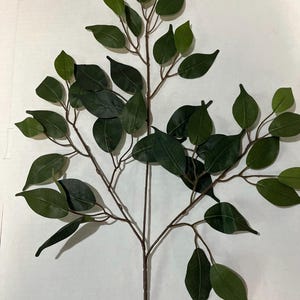 May include: A faux plant stem with multiple green leaves and brown stems. The leaves vary in shades of green, with some appearing darker than others. The stem is a dark brown color.