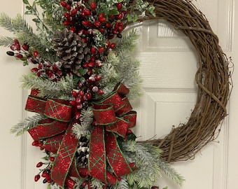 Frosted Winter Berry Grapevine, Winter Grapevine, Frosted Winter Berry Wreath or Door Hanger, Frosted Winter Berry Grapevine for front door