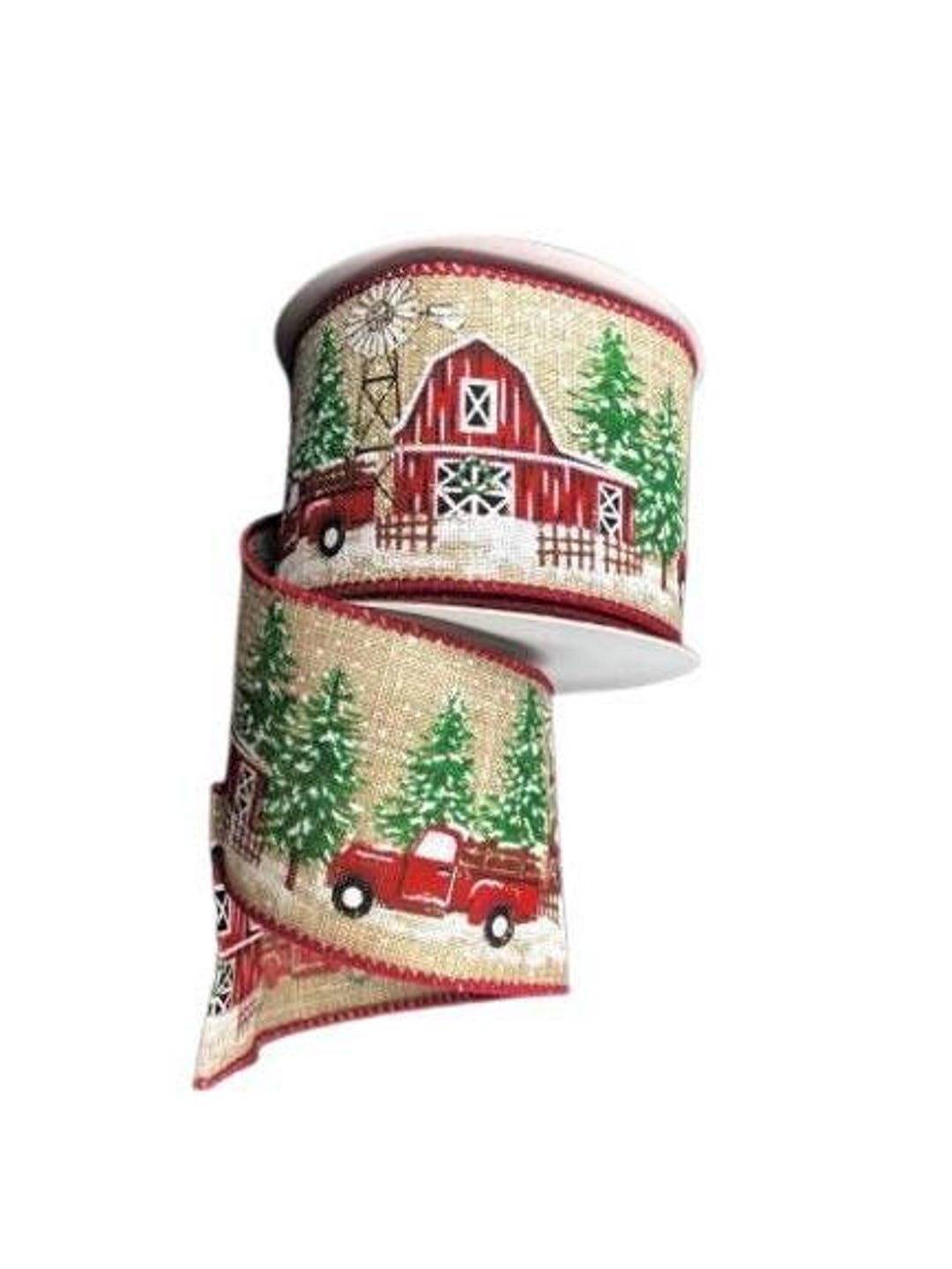 Barn Ribbon Linen Snowy Red Barn and Truck 2.5” Ribbon: Natural 10 Yards - Etsy