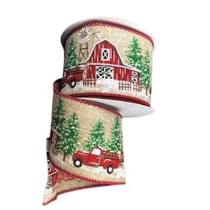 Linen Snowy Red Barn and Truck 2.5” Ribbon: Natural 10 yards