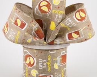 Sweet Tea With Lemon 2.5” on Beige Royal Canvas Ribbon; Sweet Summertime Tea with Lemon 2.5” Ribbon; Summer Sweet Tea with Lemon 2.5” Ribbon