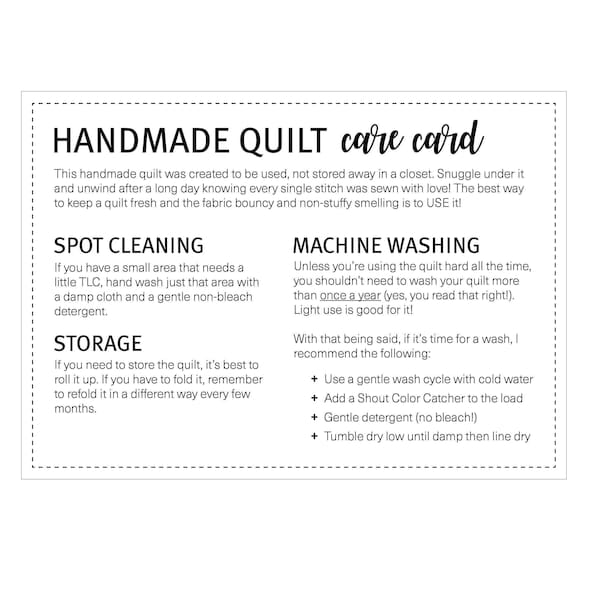 Handmade Quilt Care Card / Printable Quilt Wash Guide / Quilt Label / PDF Download / Instant Download