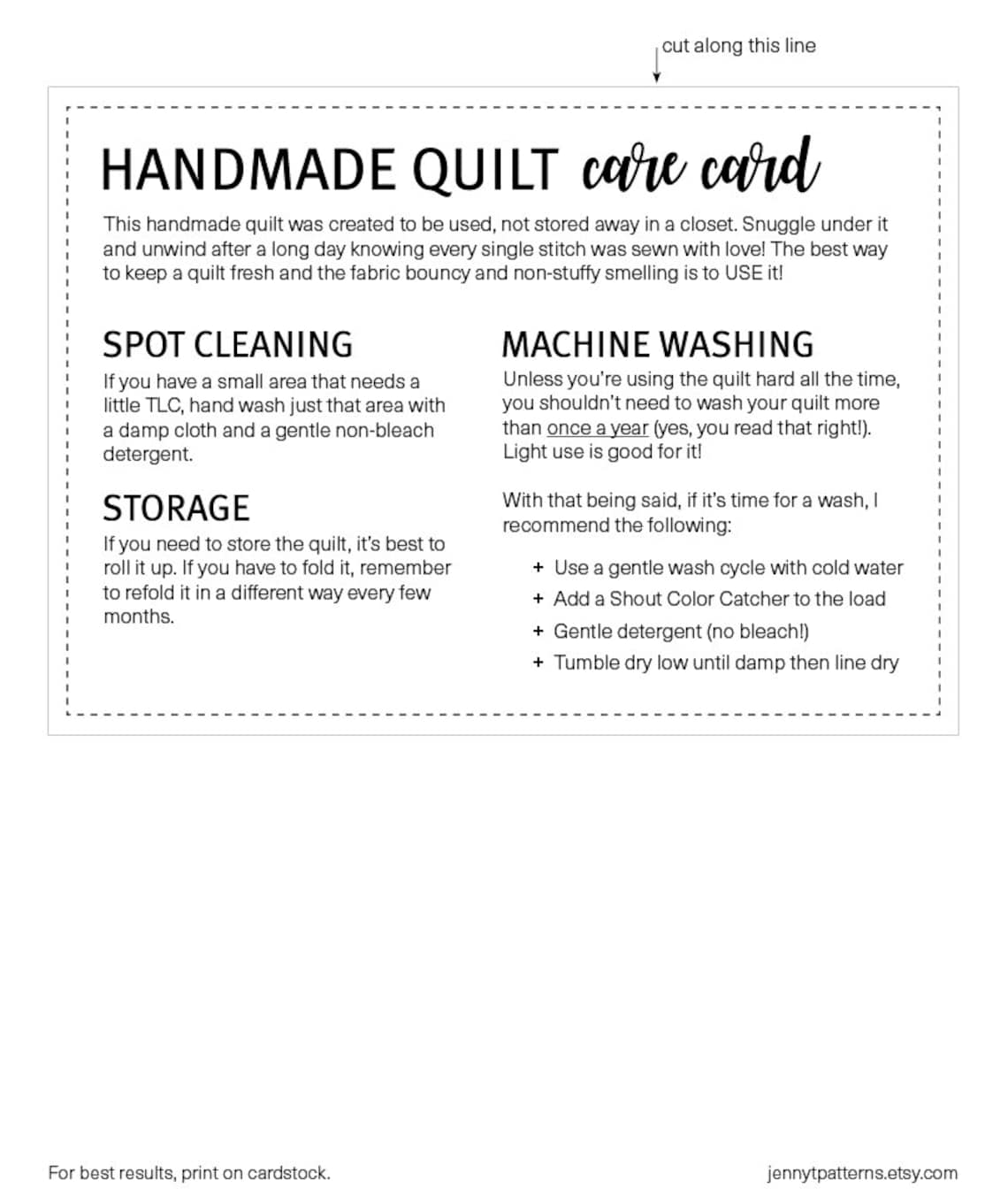 Handmade Quilt Care Card Printable Quilt Wash Guide Quilt Label 
