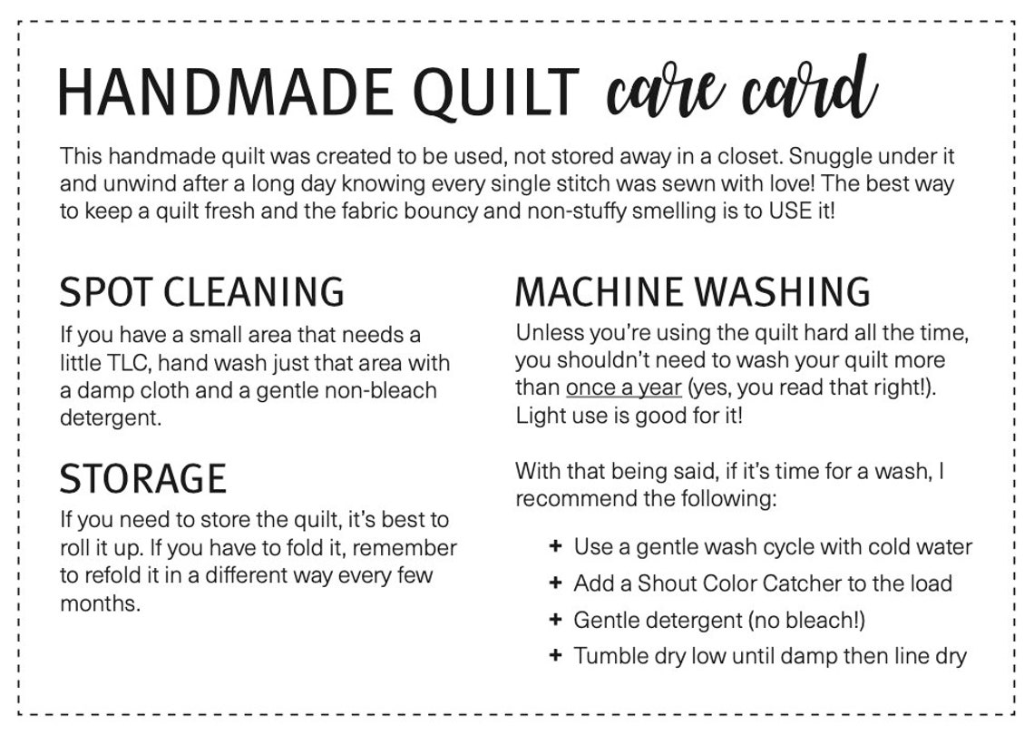 Handmade Quilt Care Card / Printable Quilt Wash Guide / Quilt Label