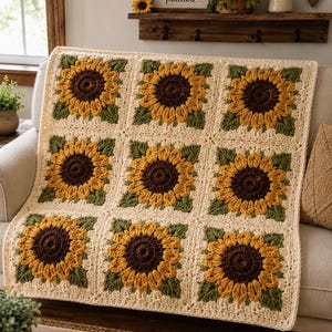 May include: A crochet blanket featuring a grid of nine square panels, each displaying a sunflower motif with a dark brown centre, yellow petals, and green leaves, all bordered by a cream-coloured yarn frame in a classic granny square style.