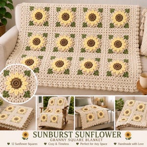 May include: A crochet blanket featuring a repeating pattern of sunflower granny squares. Each square has a dark brown center, light yellow petals, and green leaves on a cream background. The blanket has a scalloped border and a textured finish.