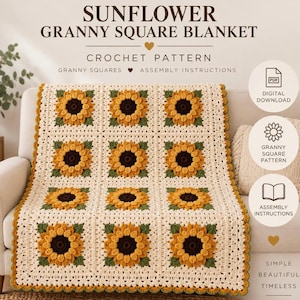 May include: A crochet pattern for a sunflower granny square blanket. The design features a grid of squares with dark brown centers, yellow petals, and green leaves on a cream background. Text includes SUNFLOWER GRANNY SQUARE BLANKET.