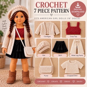 Puede incluir: Un patrón de ganchillo de 7 piezas para descargar para muñecas de 18 pulgadas. El conjunto incluye un cárdigan beige, un top corto rojo, una boina beige, una falda negra, pantalones anchos beige, un bolso beige y una camiseta corta beige.