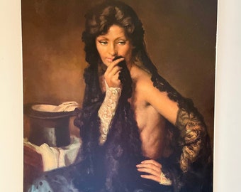 May include: A painting of a woman wearing a black lace shawl and a blue polka dot dress. She is sitting with her hand on her chin and looking down. The painting is set against a brown background.