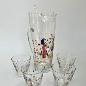 Mid Century Glass Martini/Cocktail Mixer Pitcher Set ~ Egyptian Cleopatra Motif