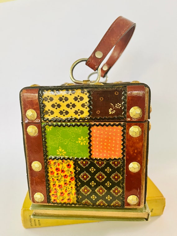 Retro 1970's Calico Patchwork Decoupage Box Purse… - image 6