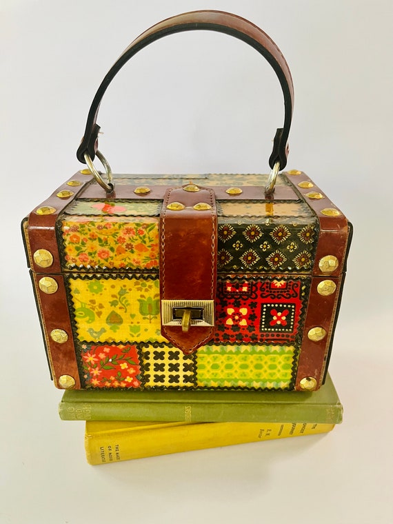 Retro 1970's Calico Patchwork Decoupage Box Purse… - image 2