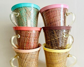Set Of Six Melamine Melmac Insulated Raffia Ware Coffee Mugs/Cups In Pastel Colors