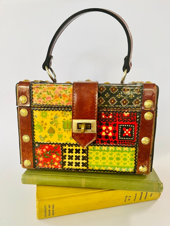 Retro 1970's Calico Patchwork Decoupage Box Purse… - image 1