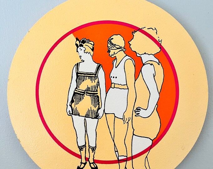 RARE Hand Painted Wood Plaque of 1920's Art Deco Women Bathers Created by Cosmopolitan Design