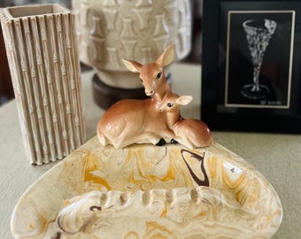 MCM Kitsch Deer Doe And Fawn Swirled Ceramic Ashtray
