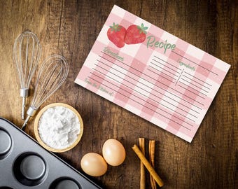 Tarjeta de receta de fresas / Cuadros rosas, cocina (descarga digital)