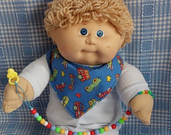 Cabbage Patch doll sandy blond hair blue eyes preemie baby clothes & handmade pacifier holder/wristlet