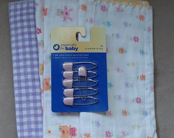 Cloth diapers with 6 pink vintage diaper pins set of 3 diapers & 6 pins in package excellent condition