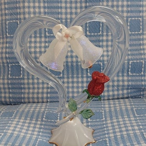 Valentine&#39;s day gift Vintage glass heart and red rose white bells excellent condition