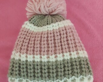 LAURA ASHLEY 0-12 MO. baby girl pink & gray hat with tassel euc