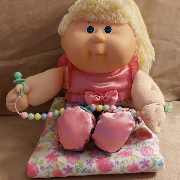 Cabbage Patch doll 13" blond hair & blue eyes handmade pacifier holder/wristlet great used condition