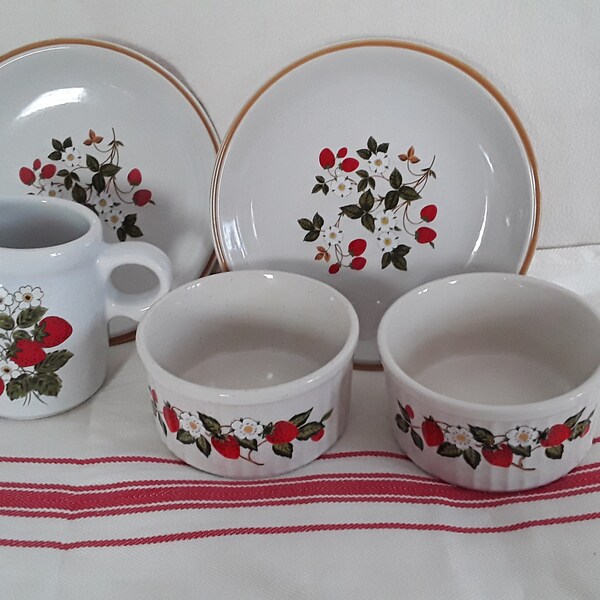 STRAWBERRIES stoneware five piece set euc