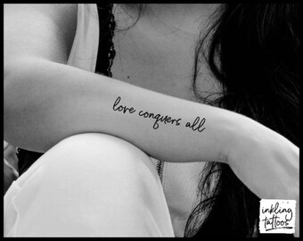 Love Conquers All Quote Temporary Tattoo, Pre-Cut