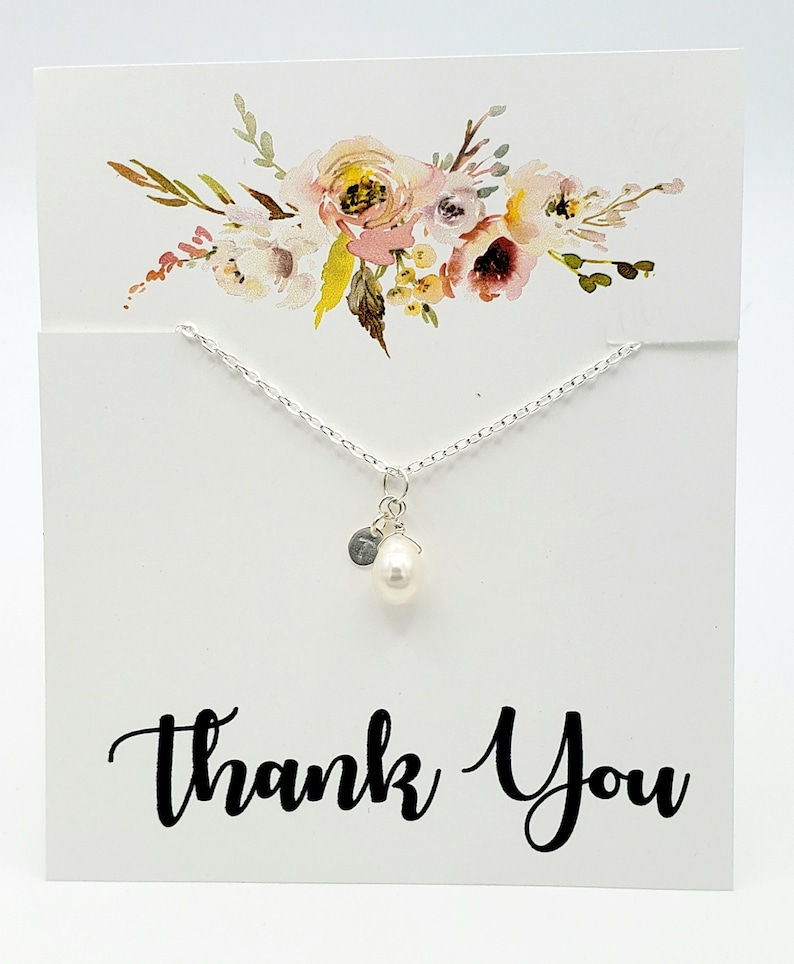 Personalized Thank You Gift Silver Pearl Necklace with Hand Stamped Initial