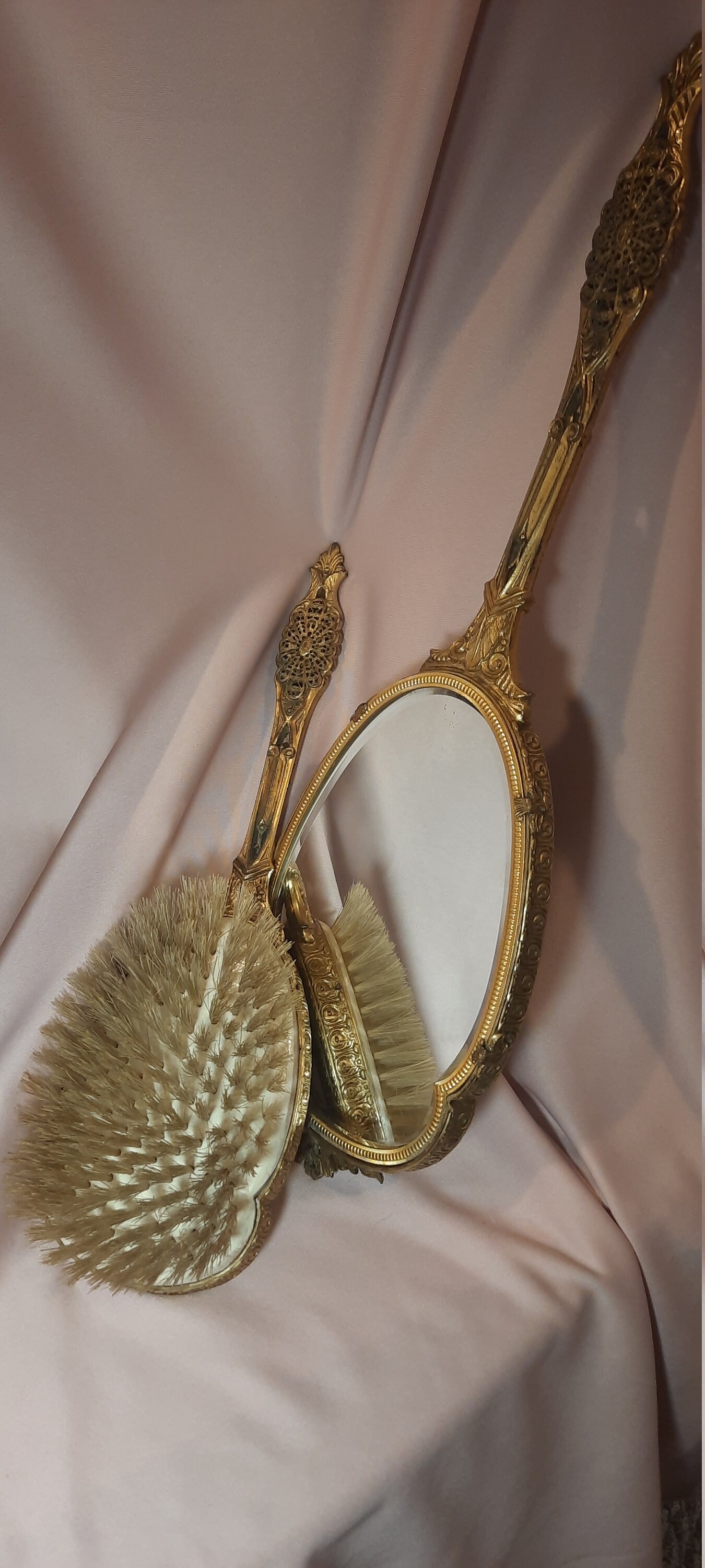 Vintage Hand Held Mirror and Brush Set Gold Toned Filigree Etsy