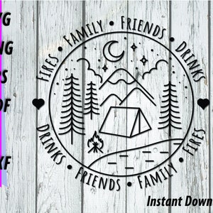 Camping SVG - Amigos, família, diversão, bebida, design de peso de linha única - clipart minimalista de acampamento de fogueira